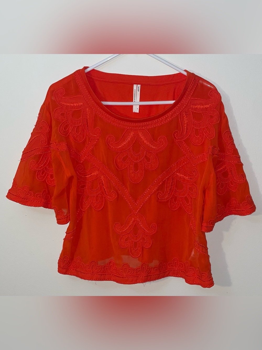 Anthropologie Women’s Rust Orange Sheer Embroidered Boxy Top - Picture 2 of 13